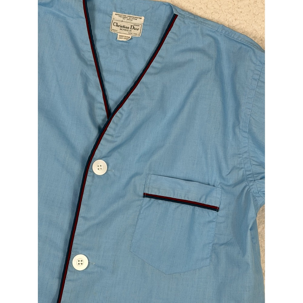 Christian Dior Monsieur Vintage Pajama Top Mens Medium Blue Short Sleeve Piping